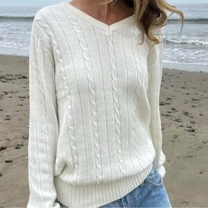Brandy Melville Cream Cable Knit V‑Neck Sweater